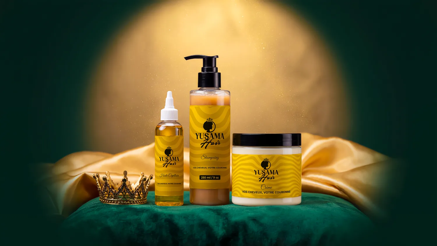 La gamme Yusama Hair sur un drapé doré